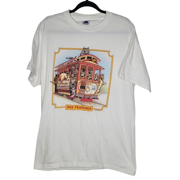 Vintage 90s San Francisco Prints of Tails Cat Cats Trolley Graphic T-Shirt Sz L - Picture 1 of 5